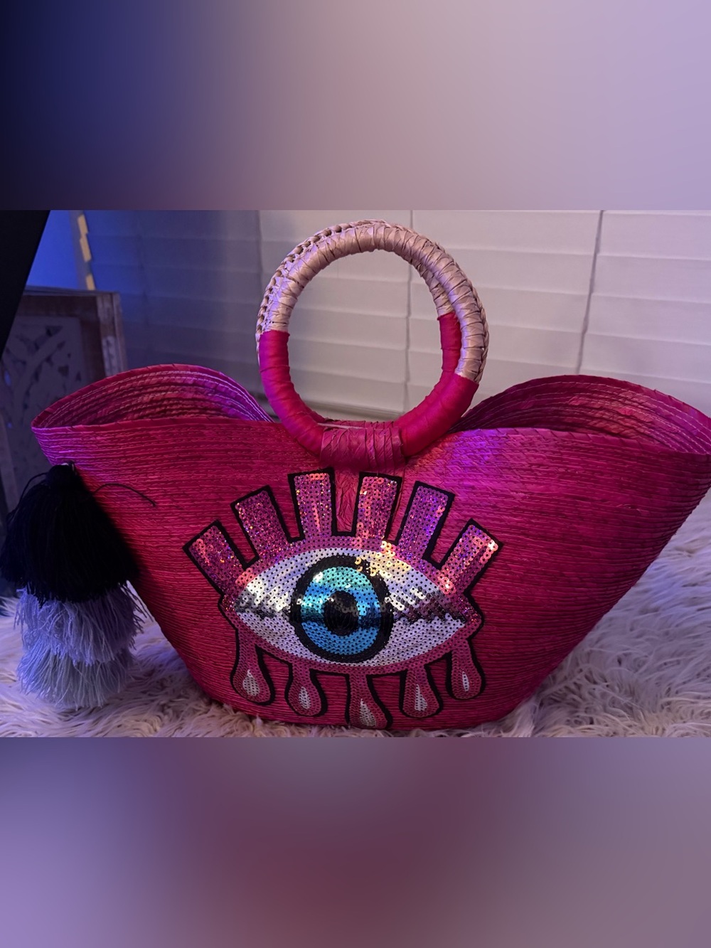 Sequin Eye Pink Straw Tote with Wrapped Handles